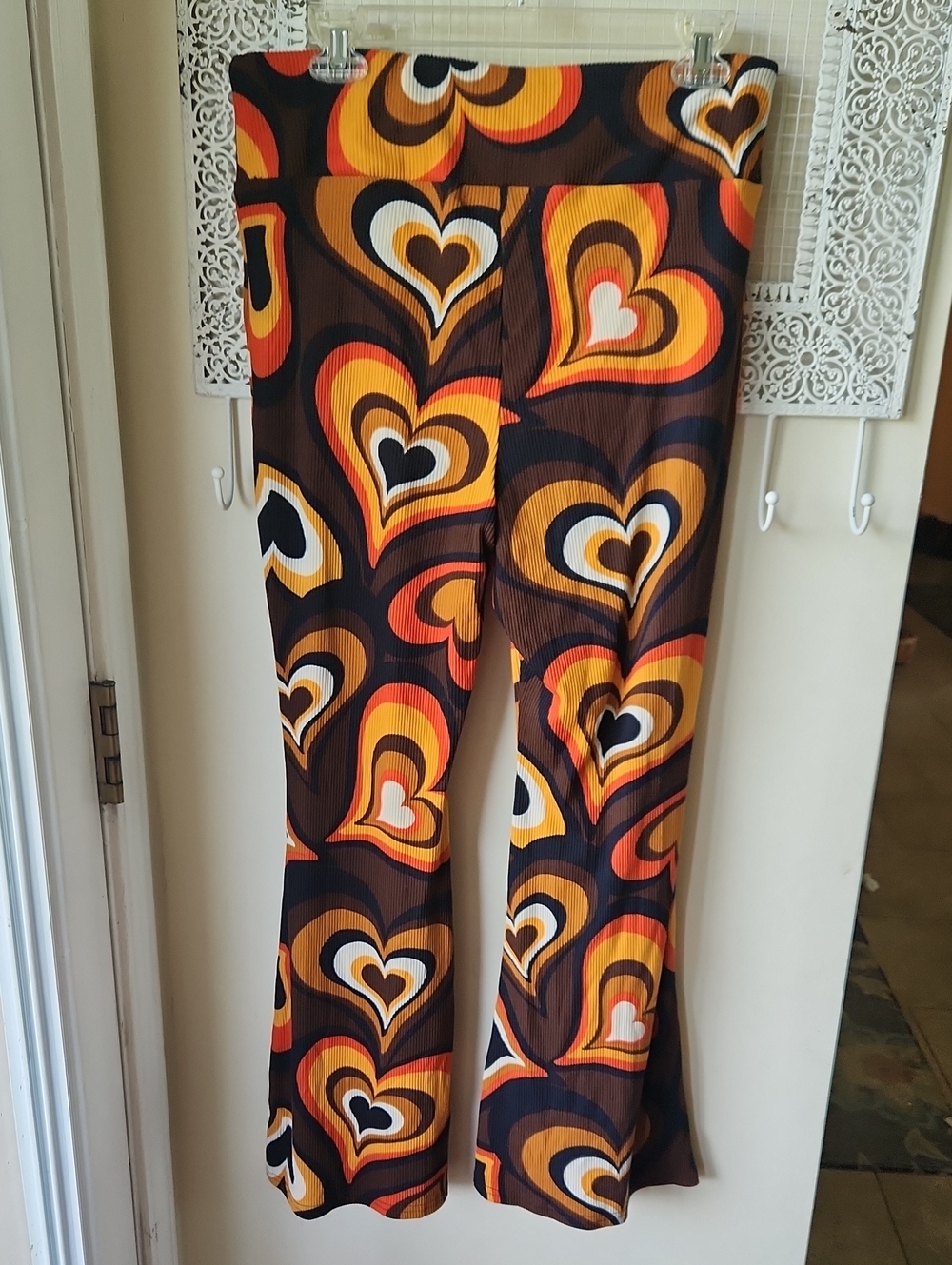 Mod Heart Print sz XL Boho Flare Bell Bottom Pants Hippie - Picture 4 of 8